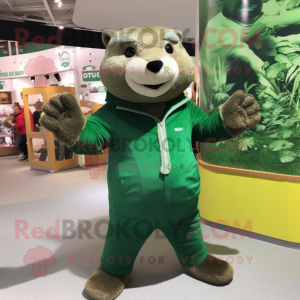 Forest Green Otter mascot costume character dressed with a Jeans and Gloves