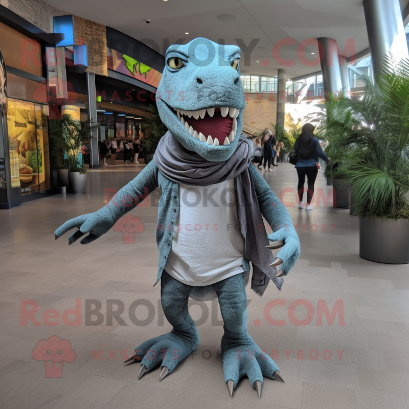 Gray Tyrannosaurus mascot costume character dressed with a Skinny Jeans and Shawls Gray Tyrannosaurus mascot costume character dressed with a Skinny Jeans and Shawls