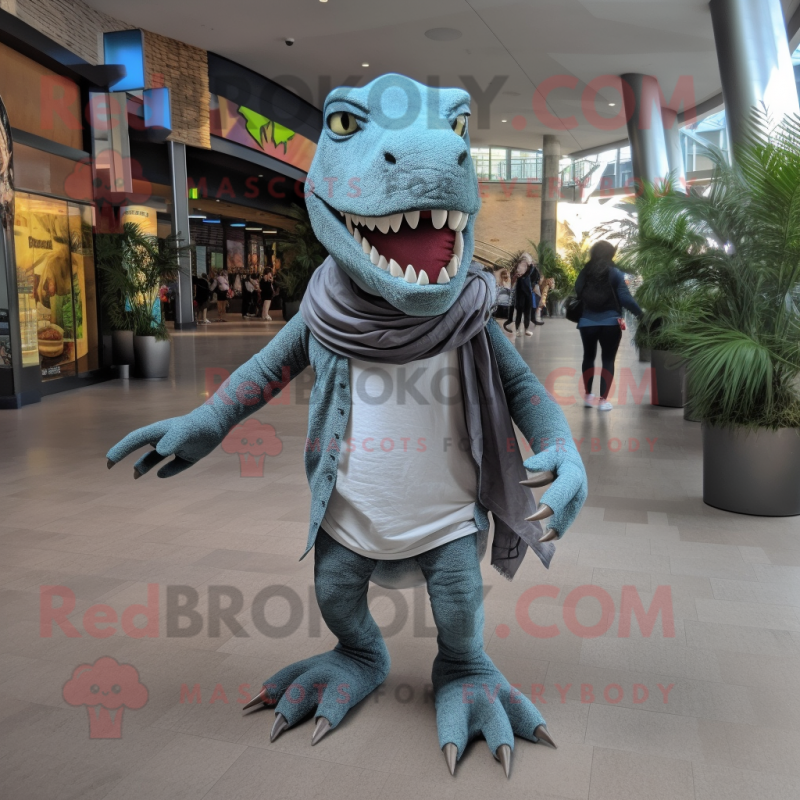 Gray Tyrannosaurus mascot costume character dressed with a Skinny Jeans and Shawls