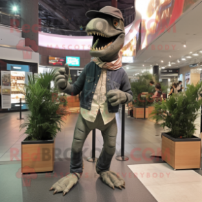 Gray Tyrannosaurus mascot costume character dressed with a Skinny Jeans and Shawls