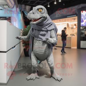 Gray Tyrannosaurus mascot costume character dressed with a Skinny Jeans and Shawls
