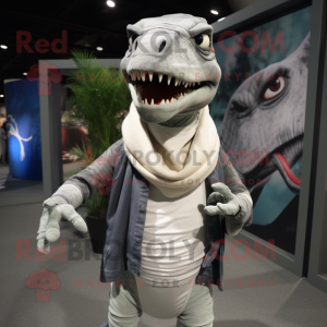 Gray Tyrannosaurus mascot costume character dressed with a Skinny Jeans and Shawls