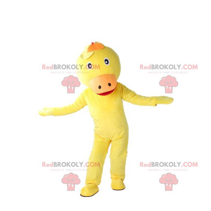 Mascote de pato amarelo e laranja, fantasia de canário gigante