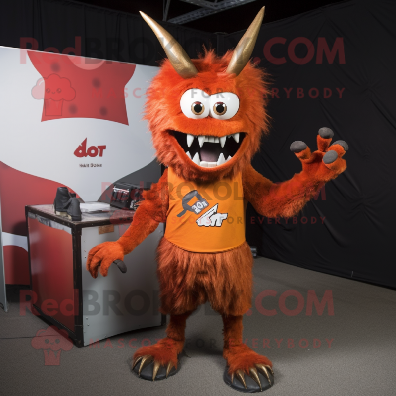 Rust Devil mascot costume character dressed with a V-Neck Tee and Hair clips