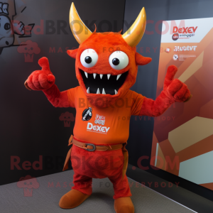 Rust Devil mascot costume character dressed with a V-Neck Tee and Hair clips