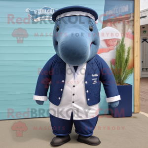 Navy Humpback Whale mascot costume character dressed with a Dress Shirt and Belts