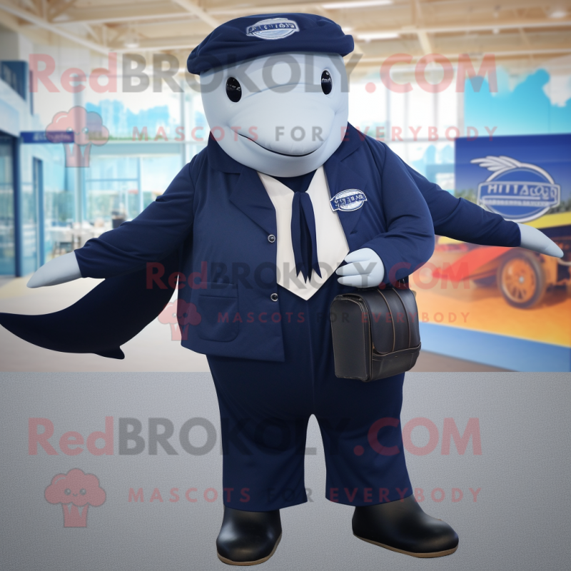 Navy Humpback Whale mascot costume character dressed with a Dress Shirt and Belts Navy Humpback Whale mascot costume character dressed with a Dress Shirt and Belts
