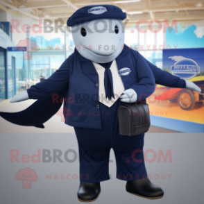 Navy Humpback Whale mascot costume character dressed with a Dress Shirt and Belts