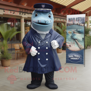 Navy Humpback Whale mascot costume character dressed with a Dress Shirt and Belts