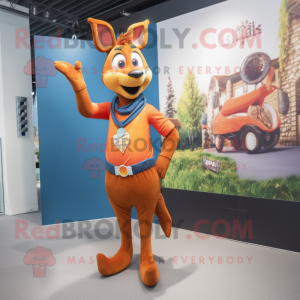 Rust Deer mascot costume character dressed with a Jeggings and Lapel pins