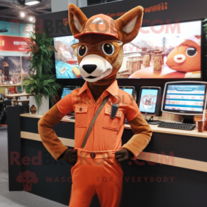 Rust Deer mascot costume character dressed with a Jeggings and Lapel pins