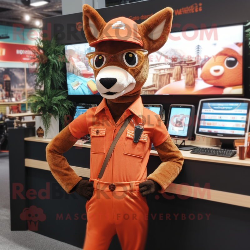Rust Deer mascot costume character dressed with a Jeggings and Lapel pins Rust Deer mascot costume character dressed with a Jeggings and Lapel pins