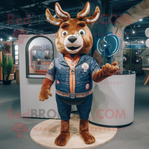 Rust Deer mascot costume character dressed with a Jeggings and Lapel pins