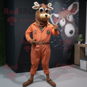 Rust Deer mascot costume character dressed with a Jeggings and Lapel pins