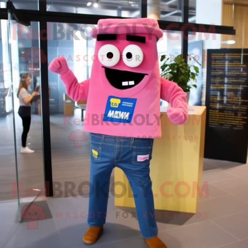 Pink Lasagna mascot costume character dressed with a Denim Shirt and Pocket squares Pink Lasagna mascot costume character dressed with a Denim Shirt and Pocket squares
