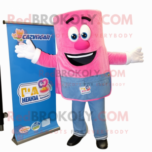 Pink Lasagna mascot costume character dressed with a Denim Shirt and Pocket squares