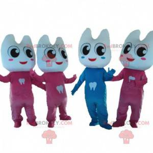 4 mascotas de dientes gigantes, 1 azul y 3 rosas -