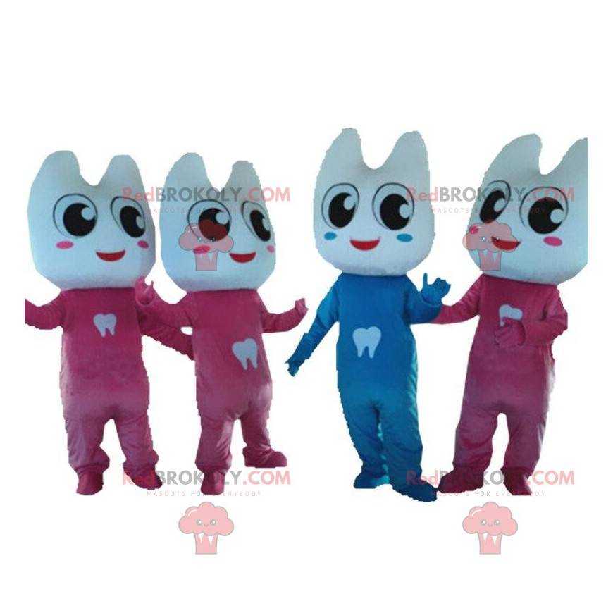 4 mascottes de dents géantes, 1 bleue et 3 roses -