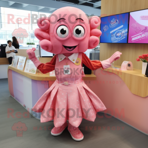 Pink Fried Calamari mascot costume character dressed with a Pleated Skirt and Pocket squares