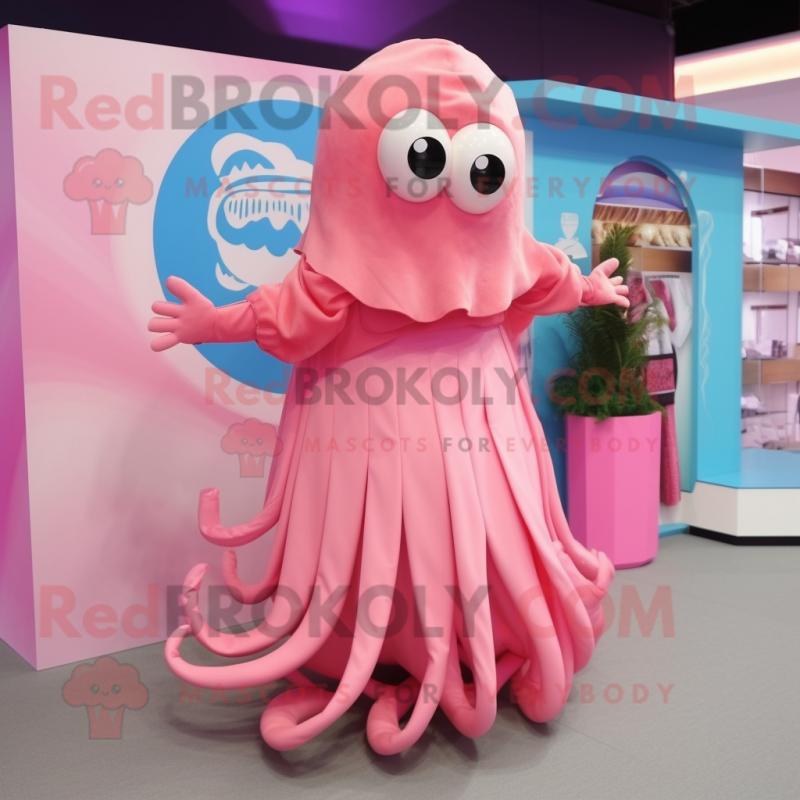 Pink Fried Calamari mascot costume character dressed with a Pleated Skirt and Pocket squares