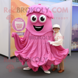 Pink Fried Calamari mascot costume character dressed with a Pleated Skirt and Pocket squares