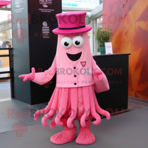 Pink Fried Calamari mascot costume character dressed with a Pleated Skirt and Pocket squares