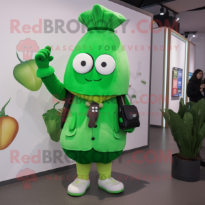 Green Turnip mascot costume character dressed with a Coat and Digital watches