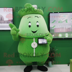 Green Turnip mascot costume character dressed with a Coat and Digital watches