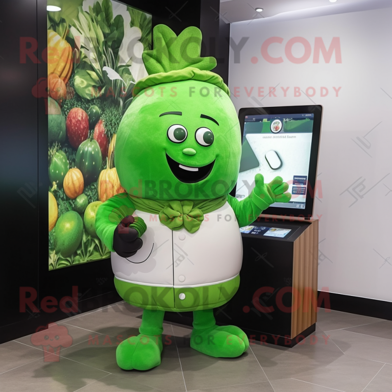 Green Turnip mascot costume character dressed with a Coat and Digital watches