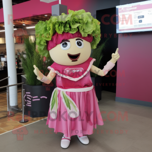 Pink Caesar Salad mascot costume character dressed with a Mini Dress and Ties