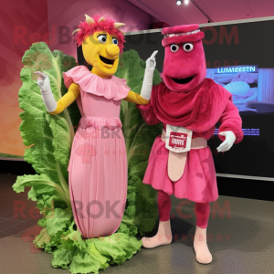 Pink Caesar Salad mascot costume character dressed with a Mini Dress and Ties