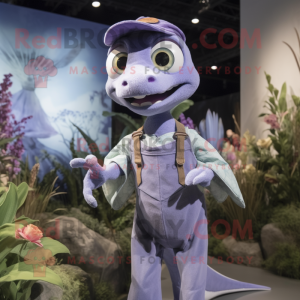 Lavender Dimorphodon mascot costume character dressed with a Dungarees and Brooches