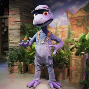 Lavender Dimorphodon mascot costume character dressed with a Dungarees and Brooches