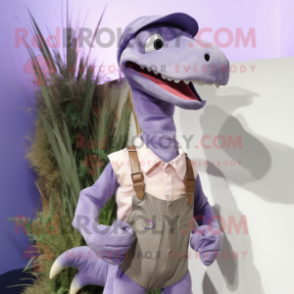 Lavender Dimorphodon mascot costume character dressed with a Dungarees and Brooches