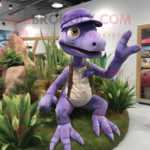 Lavender Dimorphodon mascot costume character dressed with a Dungarees and Brooches