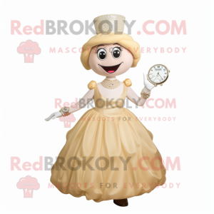Cream Wrist Watch mascot costume character dressed with a Ball Gown and Caps
