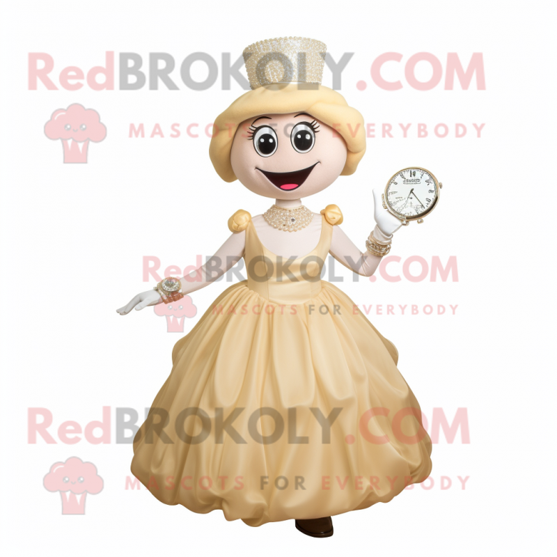 Cream Wrist Watch mascot costume character dressed with a Ball Gown and Caps Cream Wrist Watch mascot costume character dressed with a Ball Gown and Caps