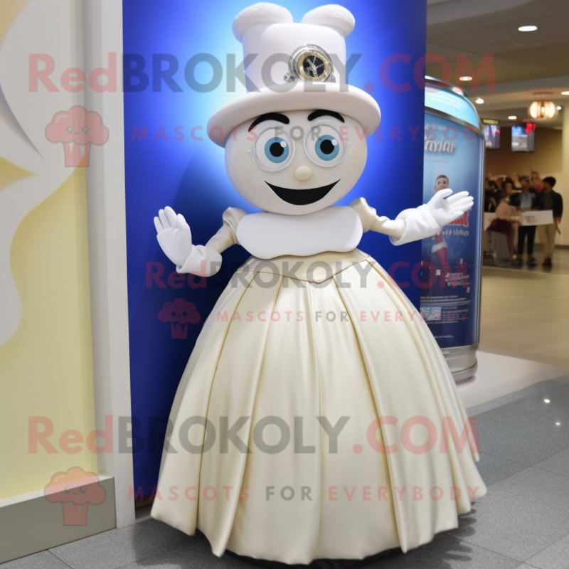 Cream Wrist Watch mascot costume character dressed with a Ball Gown and Caps Cream Wrist Watch mascot costume character dressed with a Ball Gown and Caps