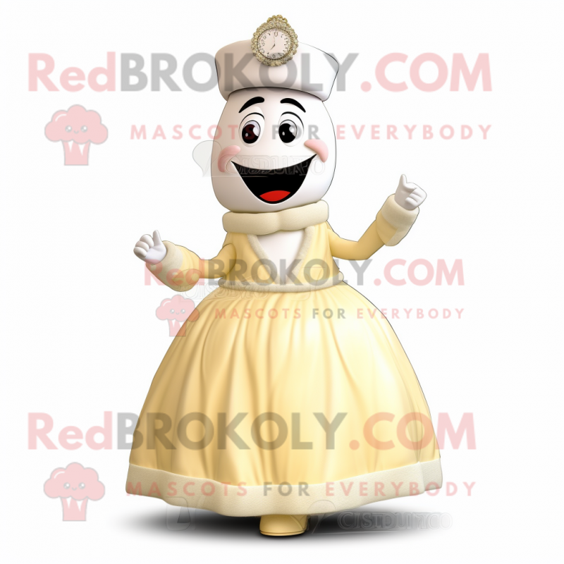 Cream Wrist Watch mascot costume character dressed with a Ball Gown and Caps Cream Wrist Watch mascot costume character dressed with a Ball Gown and Caps