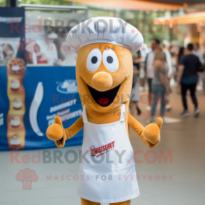 White Currywurst mascot costume character dressed with a Denim Shorts and Headbands