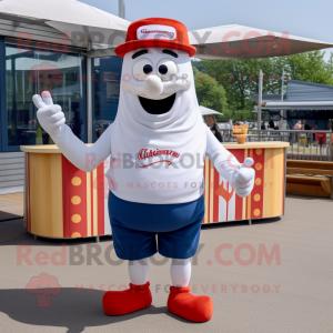 White Currywurst mascot costume character dressed with a Denim Shorts and Headbands