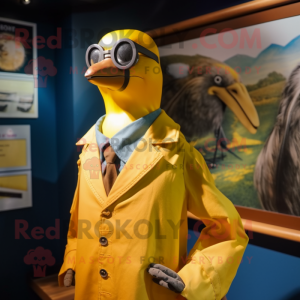 Yellow Passenger Pigeon mascot costume character dressed with a Waistcoat and Sunglasses
