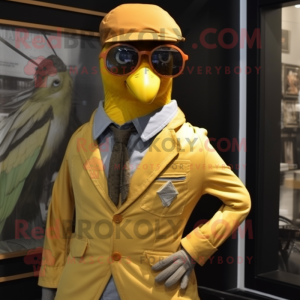 Yellow Passenger Pigeon mascot costume character dressed with a Waistcoat and Sunglasses