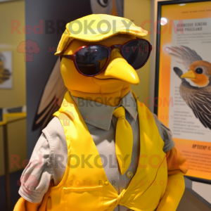 Yellow Passenger Pigeon mascot costume character dressed with a Waistcoat and Sunglasses
