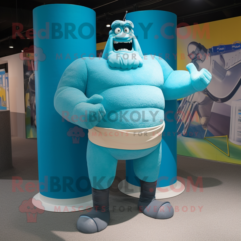 Cyan Strongman mascot costume character dressed with a Pencil Skirt and Wraps