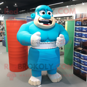 Cyan Strongman mascot costume character dressed with a Pencil Skirt and Wraps