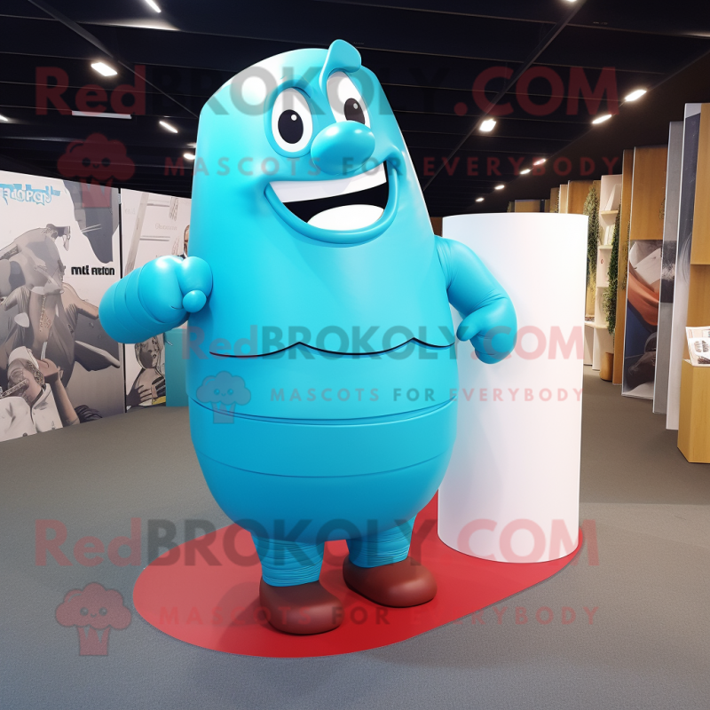 Cyan Strongman mascot costume character dressed with a Pencil Skirt and Wraps