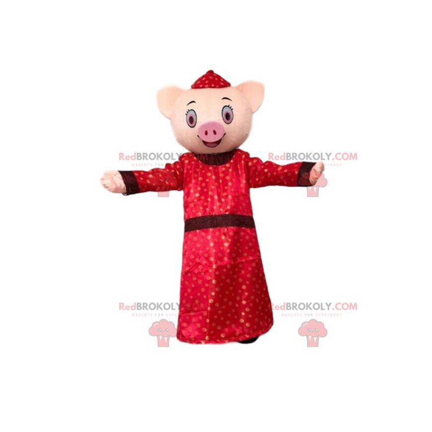 Schweinemaskottchen in einem traditionellen asiatischen Outfit