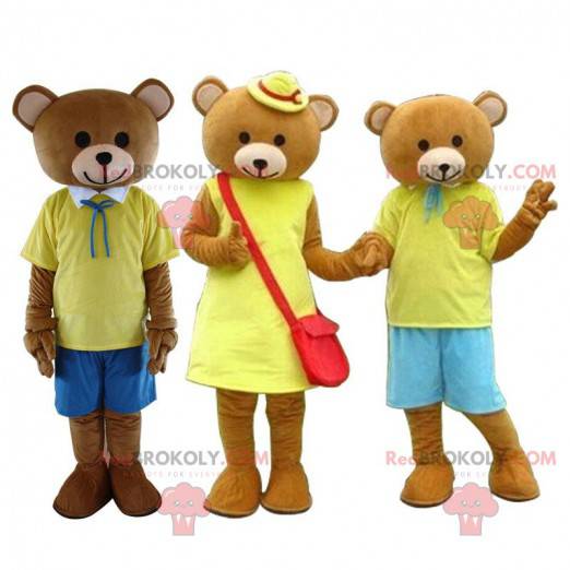 3 bruine teddybeer mascottes gekleed in geel, berenkostuums -