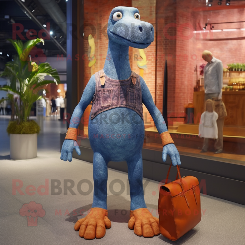 Rust Diplodocus mascot costume character dressed with a Denim Shorts and Handbags Rust Diplodocus mascot costume character dressed with a Denim Shorts and Handbags